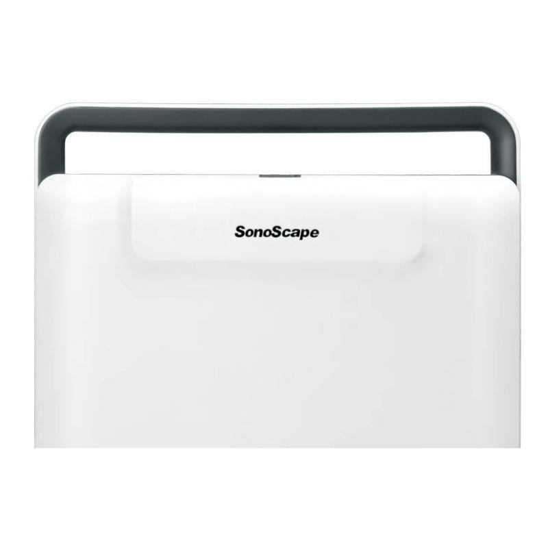 Ecografo portatile Sonoscape E1 EXP chiuso, vista frontale della maniglia e del logo
