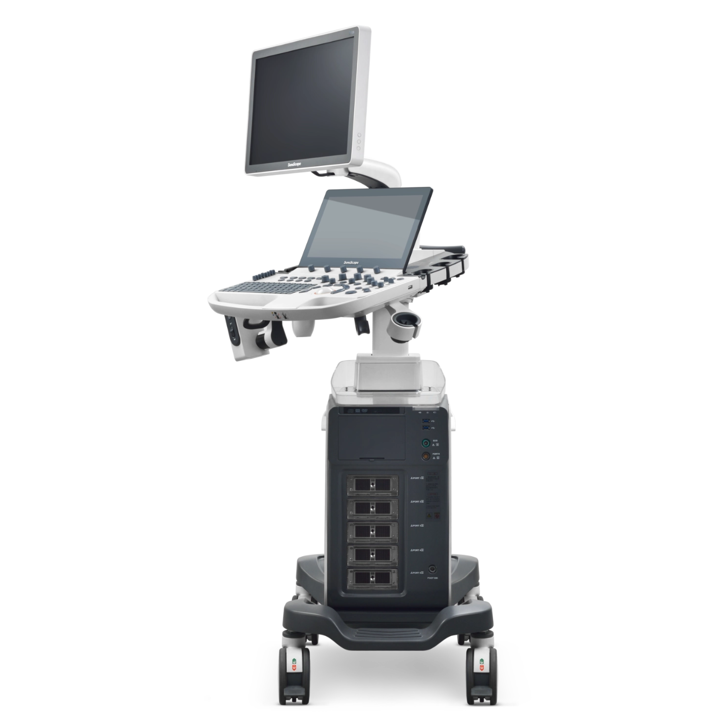 Ecografo Sonoscape P40 Elite su carrello, vista laterale con monitor, pannello di controllo e 5 porte trasduttori